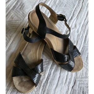 Dansko Black Croc Embossed Leather Sandals Size 38 Ankle Strap Comfort Wedge